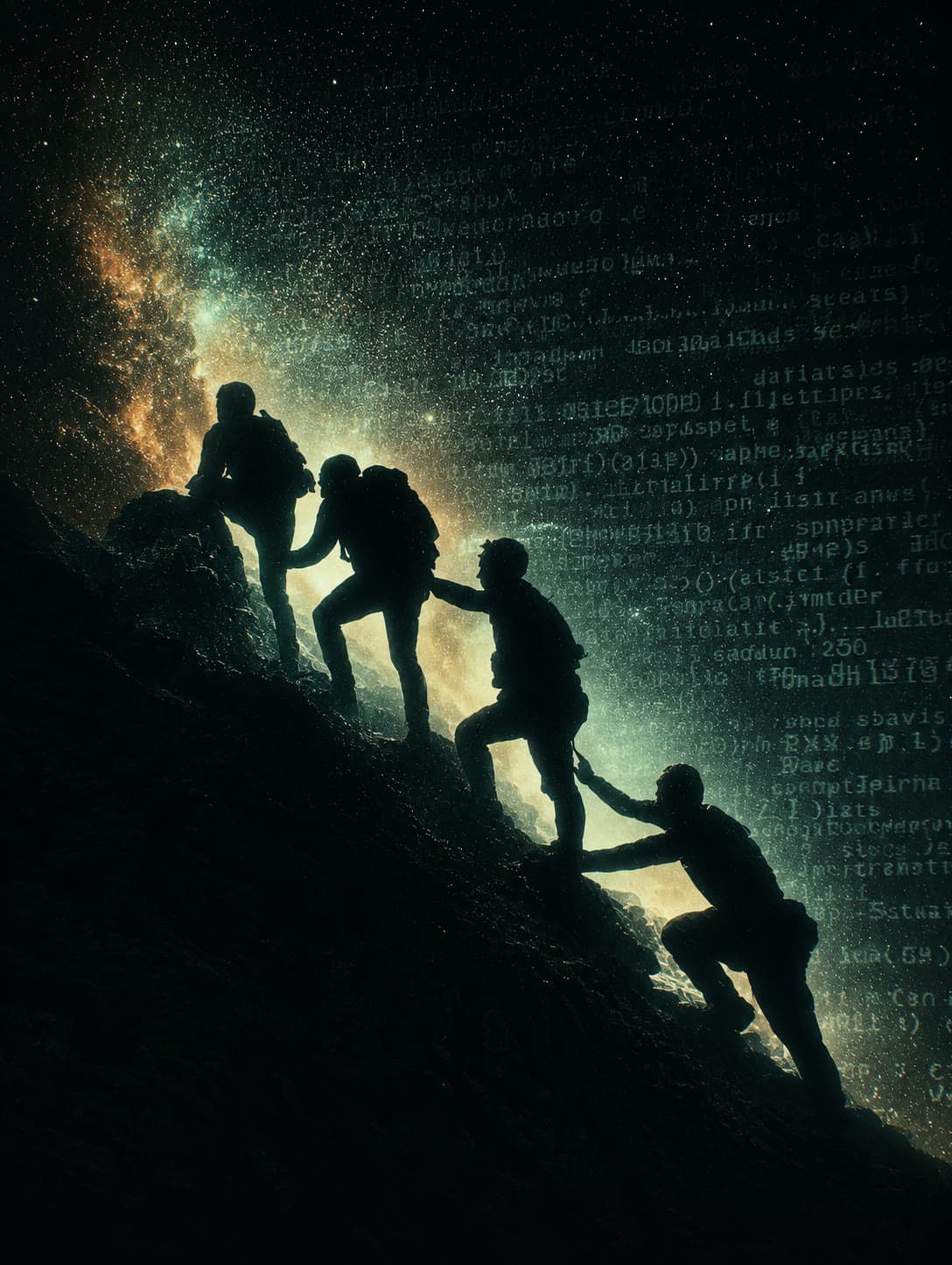 Climbers helping each other toward the summit under a starlit sky