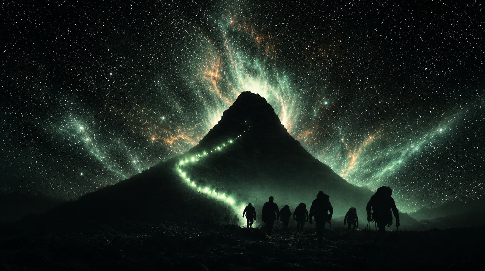 A lit trail winding up a mountain at night, climbers setting out from base camp