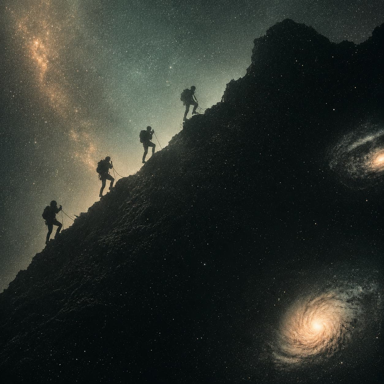 A roped team of climbers ascending a ridge beneath spiral galaxies